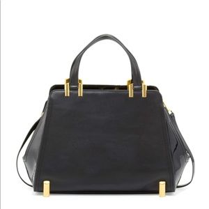 Zac Posen Daphne Structured Leather Carryall Black Gold Hardware Crossbody Strap